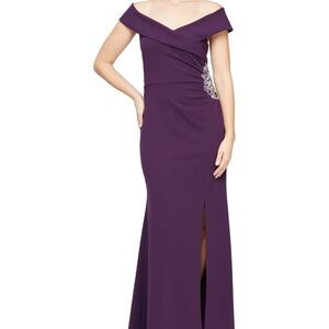 SLNY Summer Plum off shoulder formal dress
